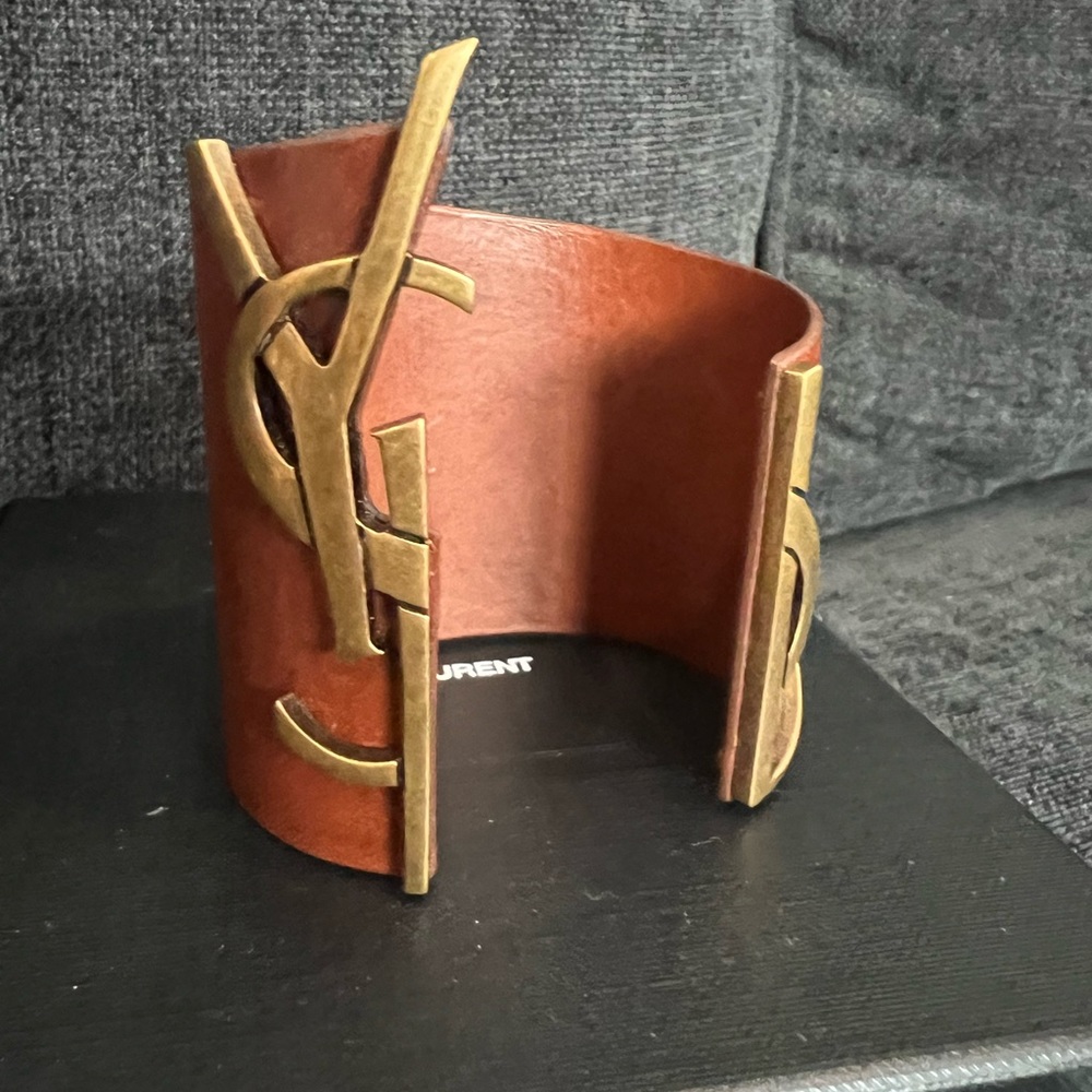 Wide leather cuff with YSL logo